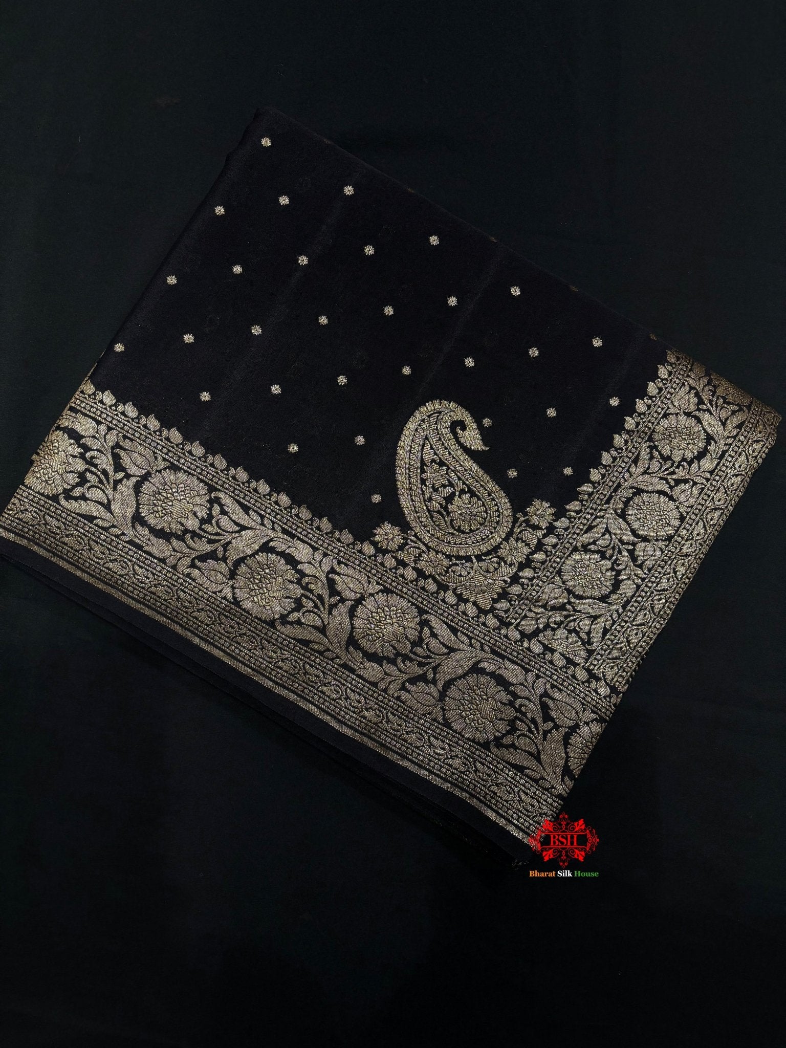 Pure Silk Crape Khaddi Georgette Saree With Antique Zari In Shades Of Black - Bharat Silk House Crepe Khaddi