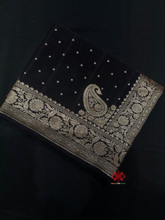 Pure Silk Crape Khaddi Georgette Saree With Antique Zari In Shades Of Black - Bharat Silk House Crepe Khaddi