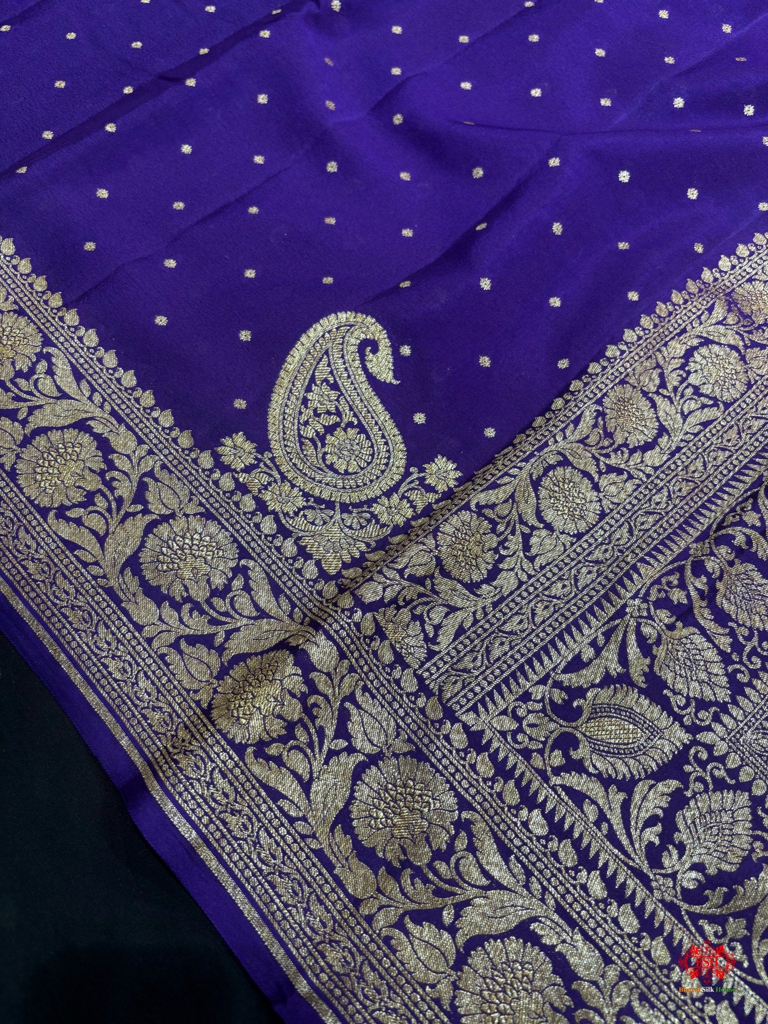 Pure Silk Crape Khaddi Georgette Saree With Antique Zari In Shades Of Blue - Bharat Silk House Crepe Khaddi