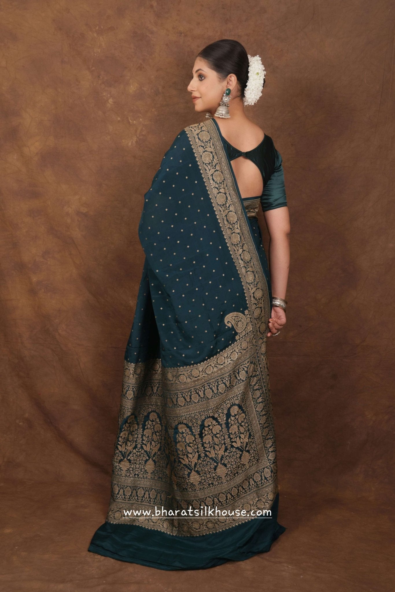 Pure Silk Crape Khaddi Georgette Saree With Antique Zari In Shades Of Green - Bharat Silk House