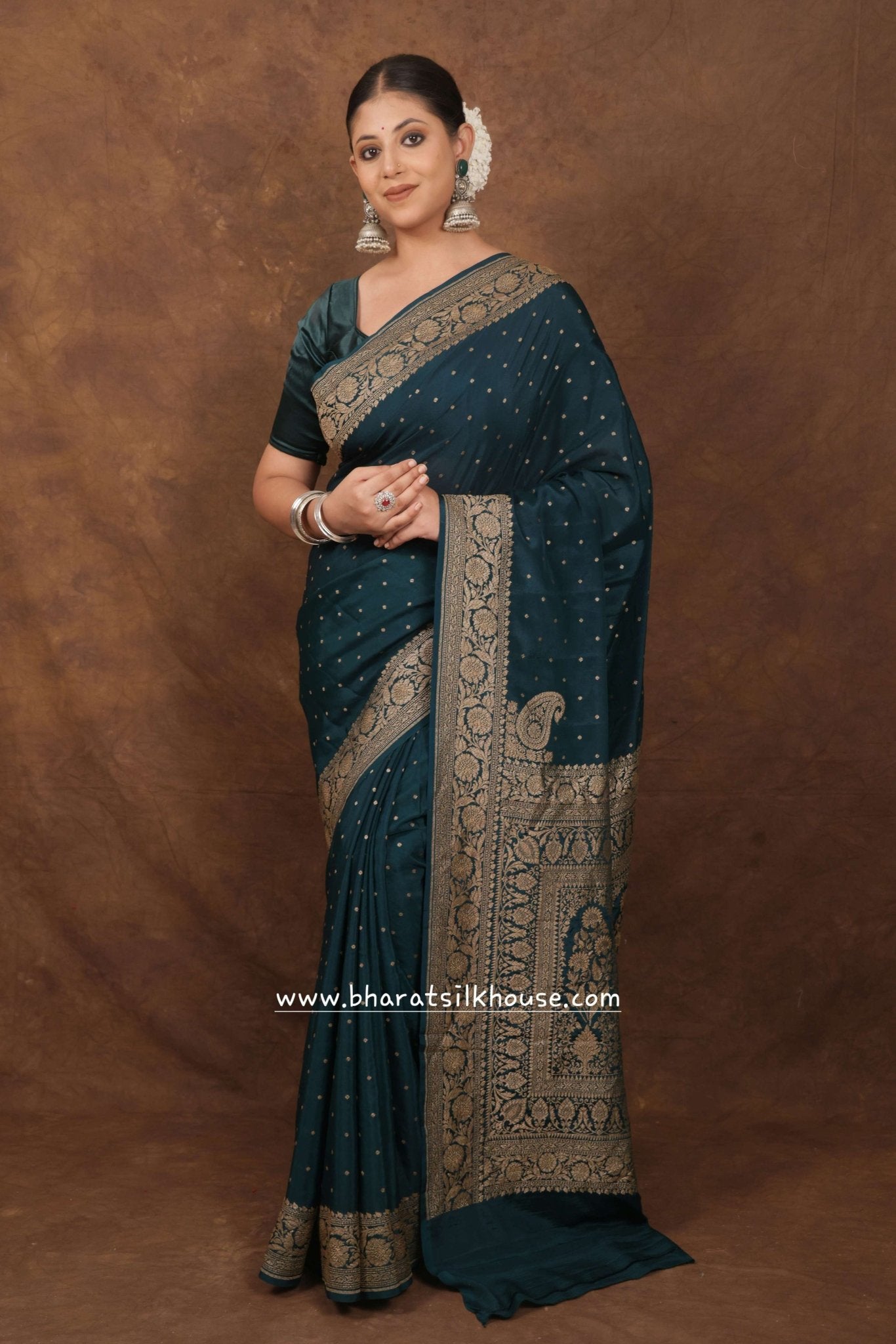 Pure Silk Crape Khaddi Georgette Saree With Antique Zari In Shades Of Green - Bharat Silk House