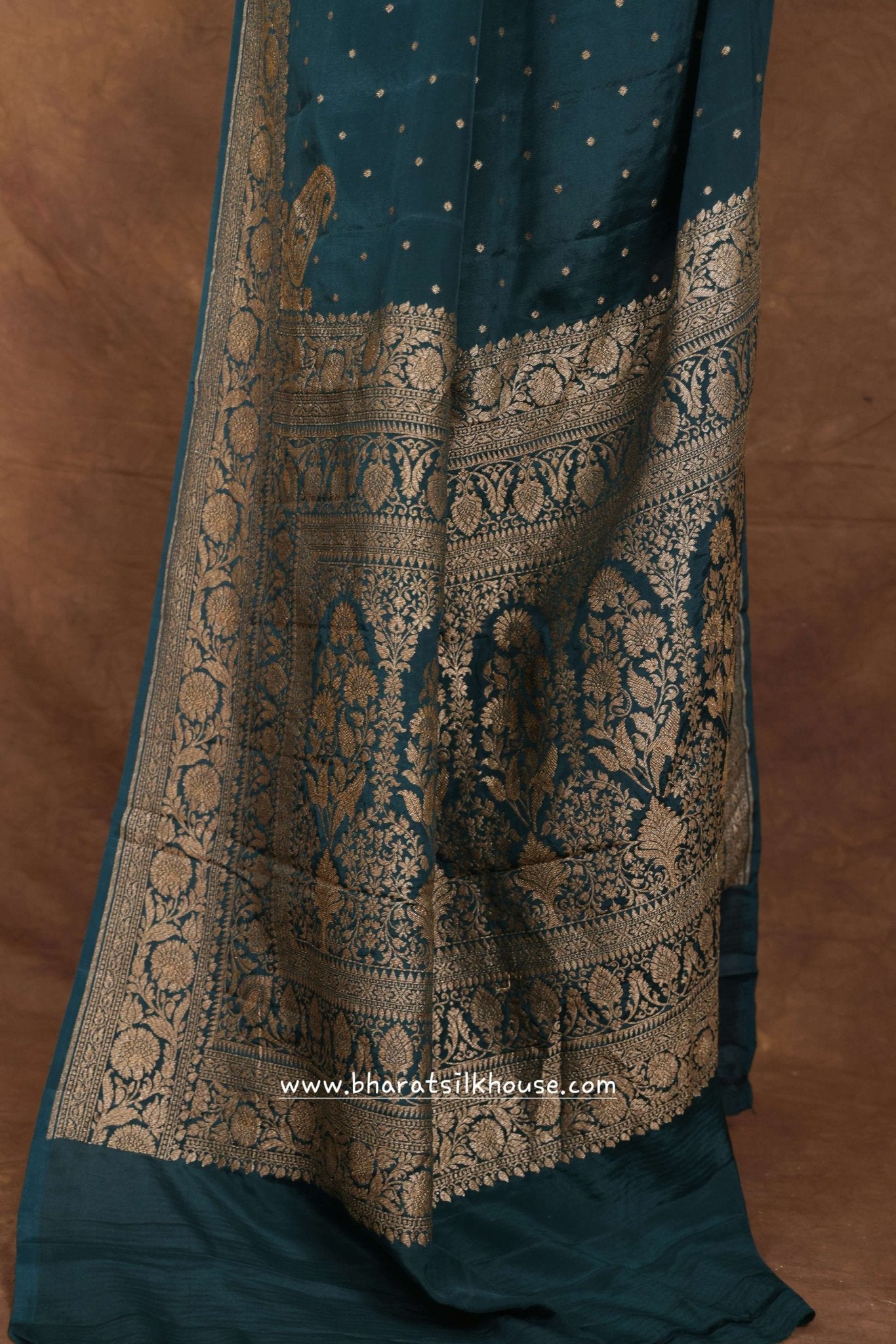 Pure Silk Crape Khaddi Georgette Saree With Antique Zari In Shades Of Green - Bharat Silk House