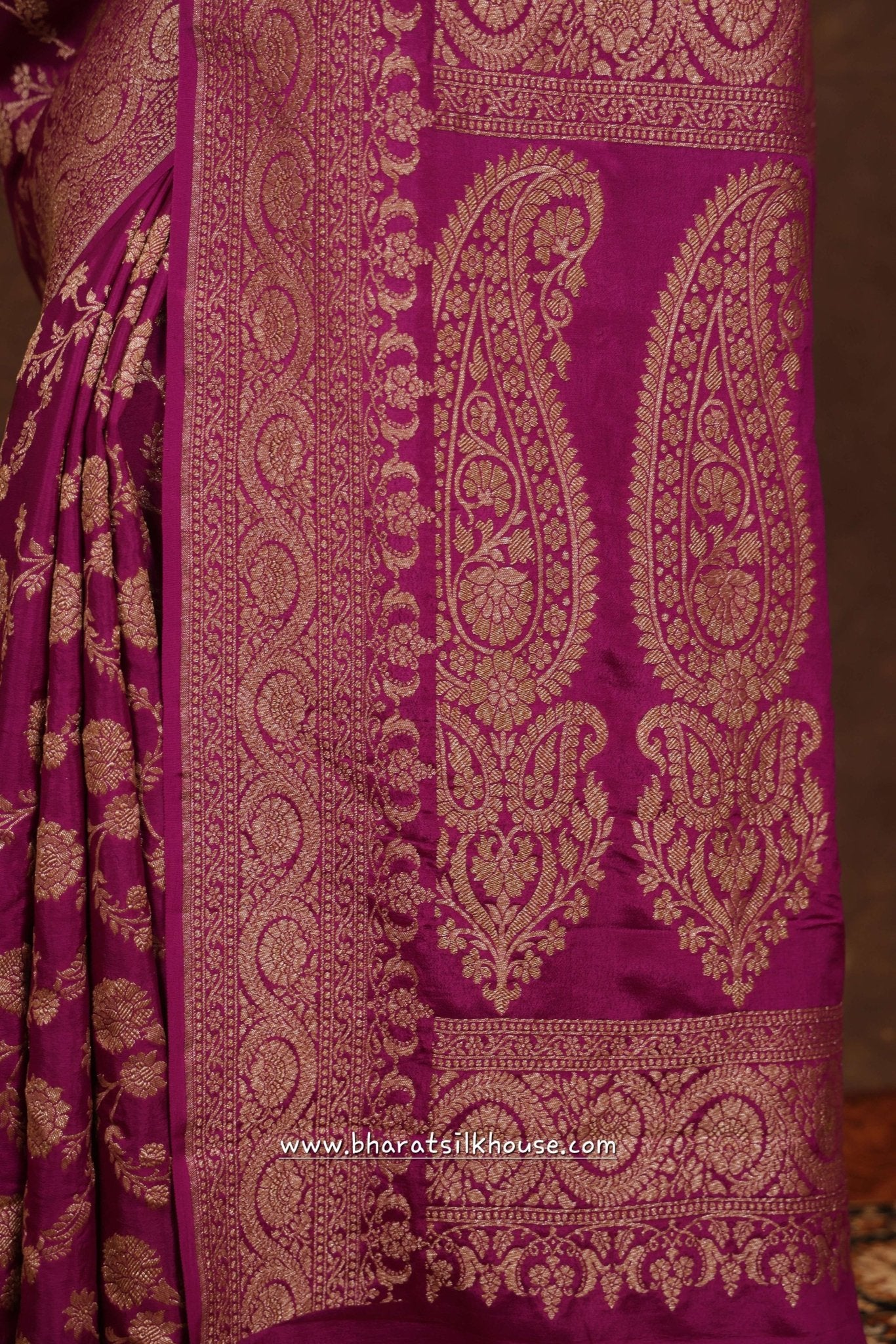 Pure Silk Crape Khaddi Georgette Saree With Antique Zari In Shades Of Magenta - Bharat Silk House Crepe Khaddi