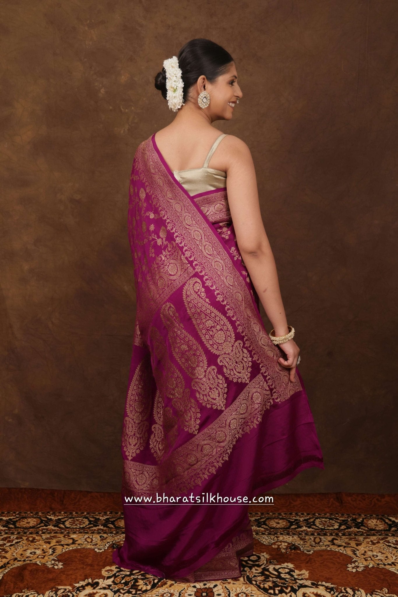 Pure Silk Crape Khaddi Georgette Saree With Antique Zari In Shades Of Magenta - Bharat Silk House Crepe Khaddi