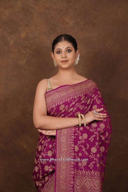 Pure Silk Crape Khaddi Georgette Saree With Antique Zari In Shades Of Magenta - Bharat Silk House Crepe Khaddi