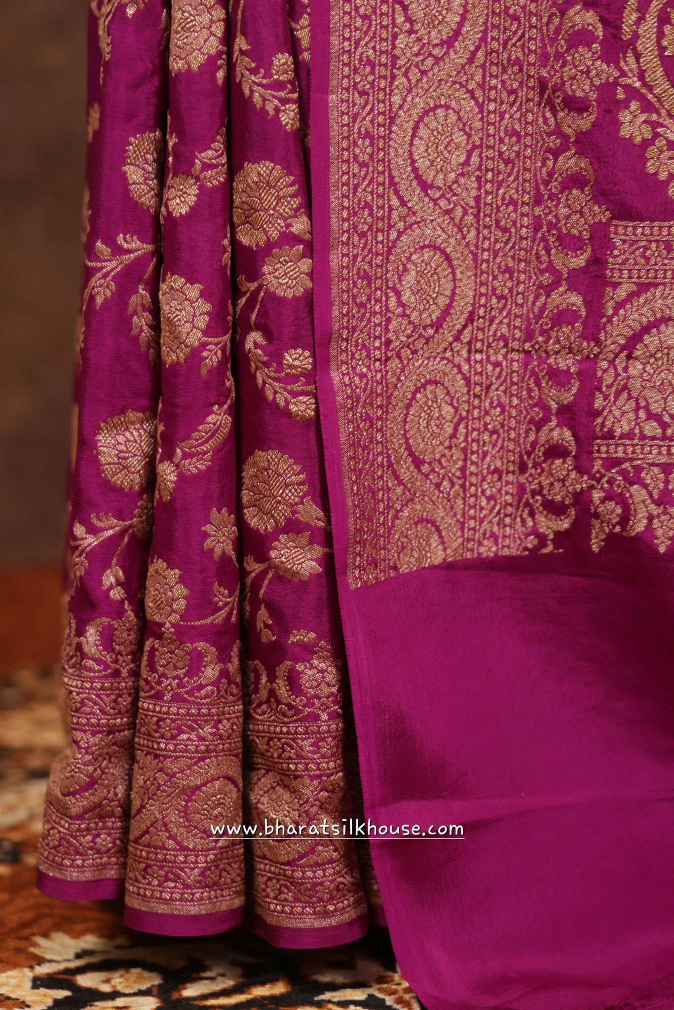 Pure Silk Crape Khaddi Georgette Saree With Antique Zari In Shades Of Magenta - Bharat Silk House Crepe Khaddi