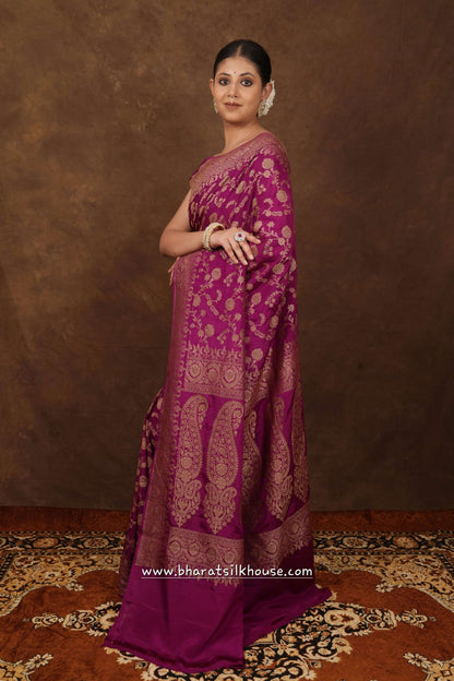 Pure Silk Crape Khaddi Georgette Saree With Antique Zari In Shades Of Magenta - Bharat Silk House Crepe Khaddi