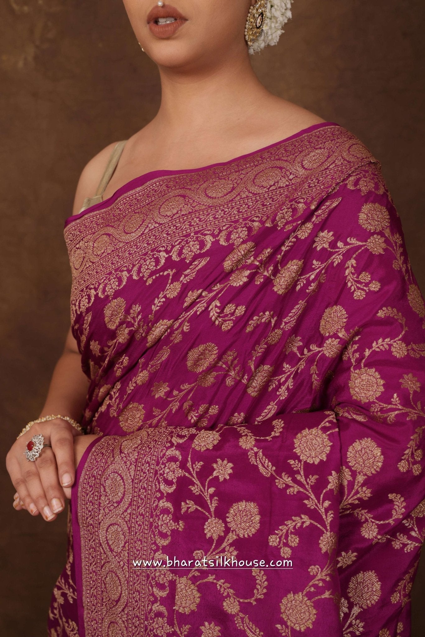 Pure Silk Crape Khaddi Georgette Saree With Antique Zari In Shades Of Magenta - Bharat Silk House Crepe Khaddi