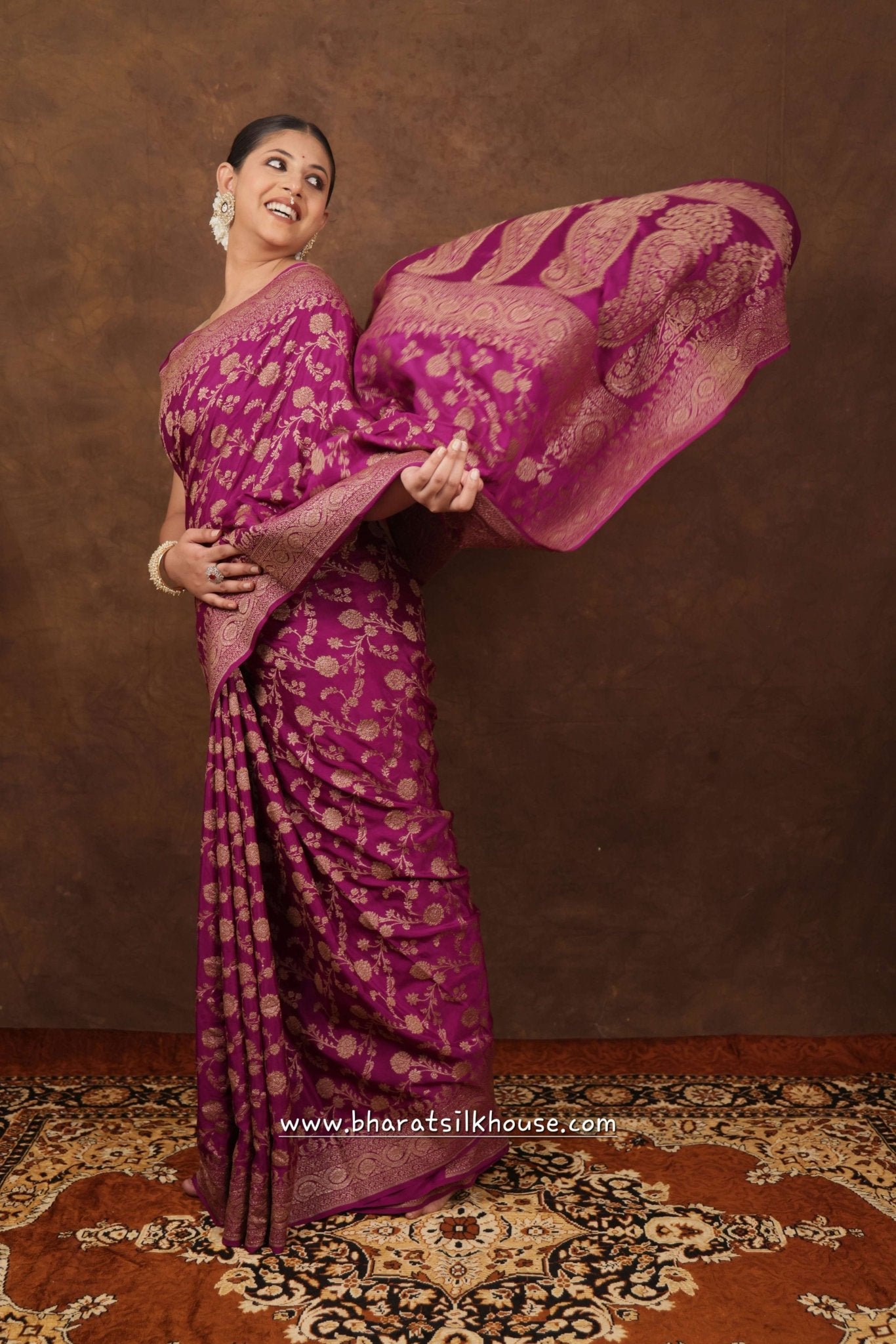 Pure Silk Crape Khaddi Georgette Saree With Antique Zari In Shades Of Magenta - Bharat Silk House Crepe Khaddi