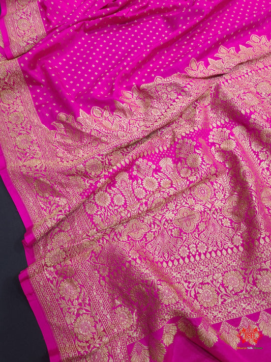 Pure Silk Crape Khaddi Georgette Saree With Antique Zari In Shades Of Pink - Bharat Silk House