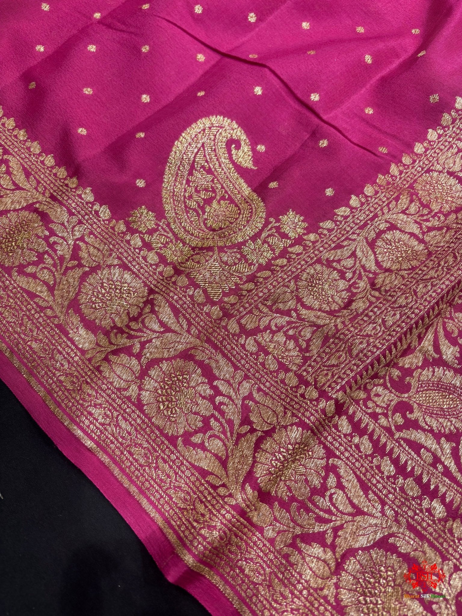 Pure Silk Crape Khaddi Georgette Saree With Antique Zari In Shades Of Pink - Bharat Silk House Crepe Khaddi