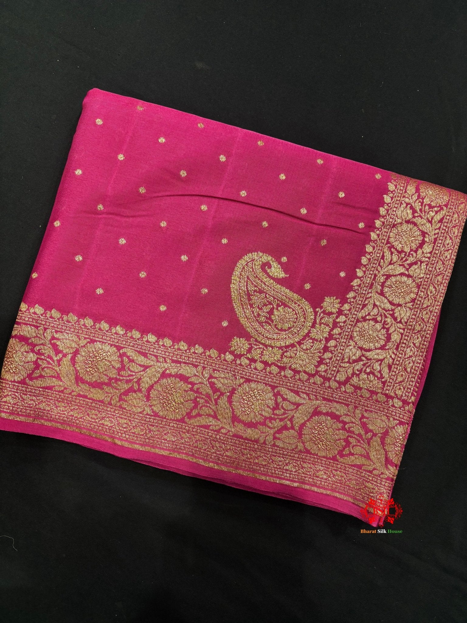 Pure Silk Crape Khaddi Georgette Saree With Antique Zari In Shades Of Pink - Bharat Silk House Crepe Khaddi