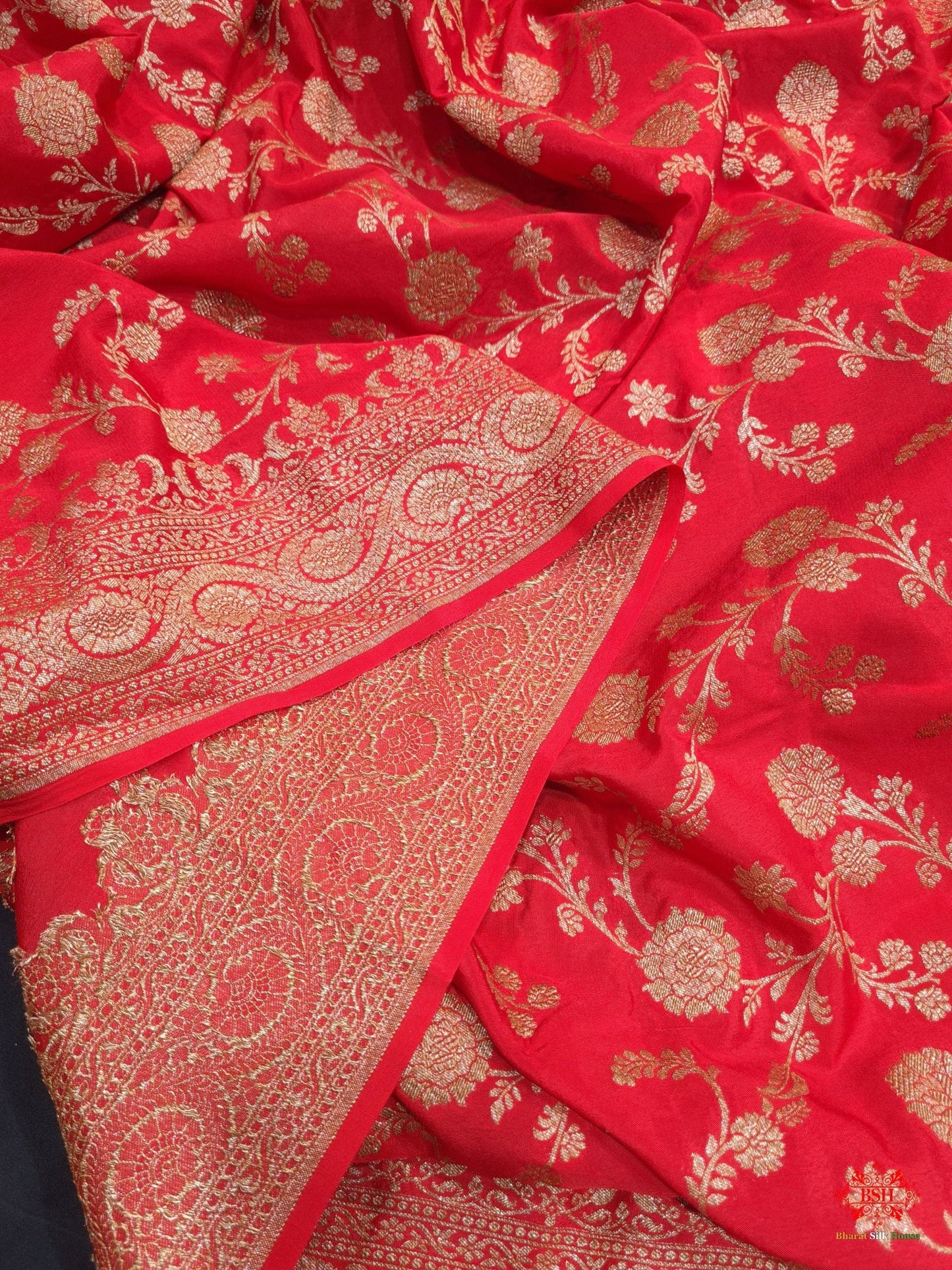 Pure Silk Crape Khaddi Georgette Saree With Antique Zari In Shades Of Red - Bharat Silk House