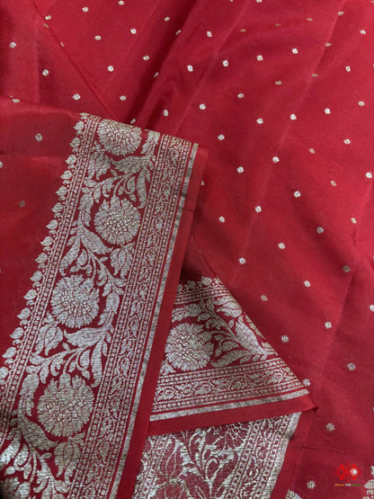 Pure Silk Crape Khaddi Georgette Saree With Antique Zari In Shades Of Red - Bharat Silk House Crepe Khaddi