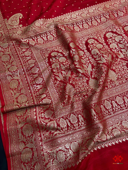 Pure Silk Crape Khaddi Georgette Saree With Antique Zari In Shades Of Red - Bharat Silk House Crepe Khaddi