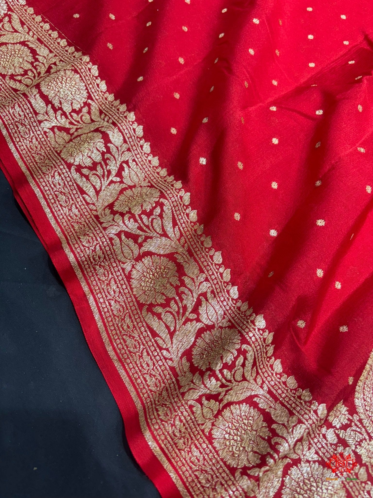 Pure Silk Crape Khaddi Georgette Saree With Antique Zari In Shades Of Red - Bharat Silk House Crepe Khaddi