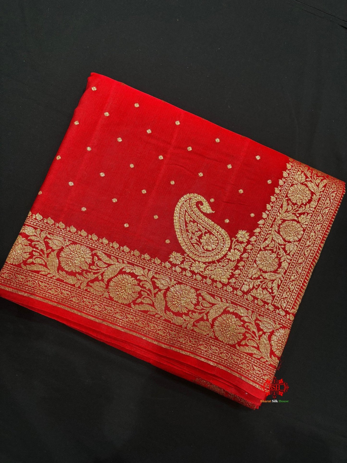 Pure Silk Crape Khaddi Georgette Saree With Antique Zari In Shades Of Red - Bharat Silk House Crepe Khaddi