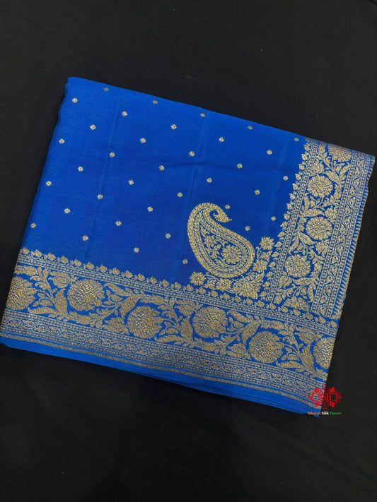 Pure Silk Crape Khaddi Georgette Saree With Antique Zari In Shades Of Royal Blue - Bharat Silk House Crepe Khaddi