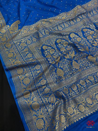 Pure Silk Crape Khaddi Georgette Saree With Antique Zari In Shades Of Royal Blue - Bharat Silk House Crepe Khaddi