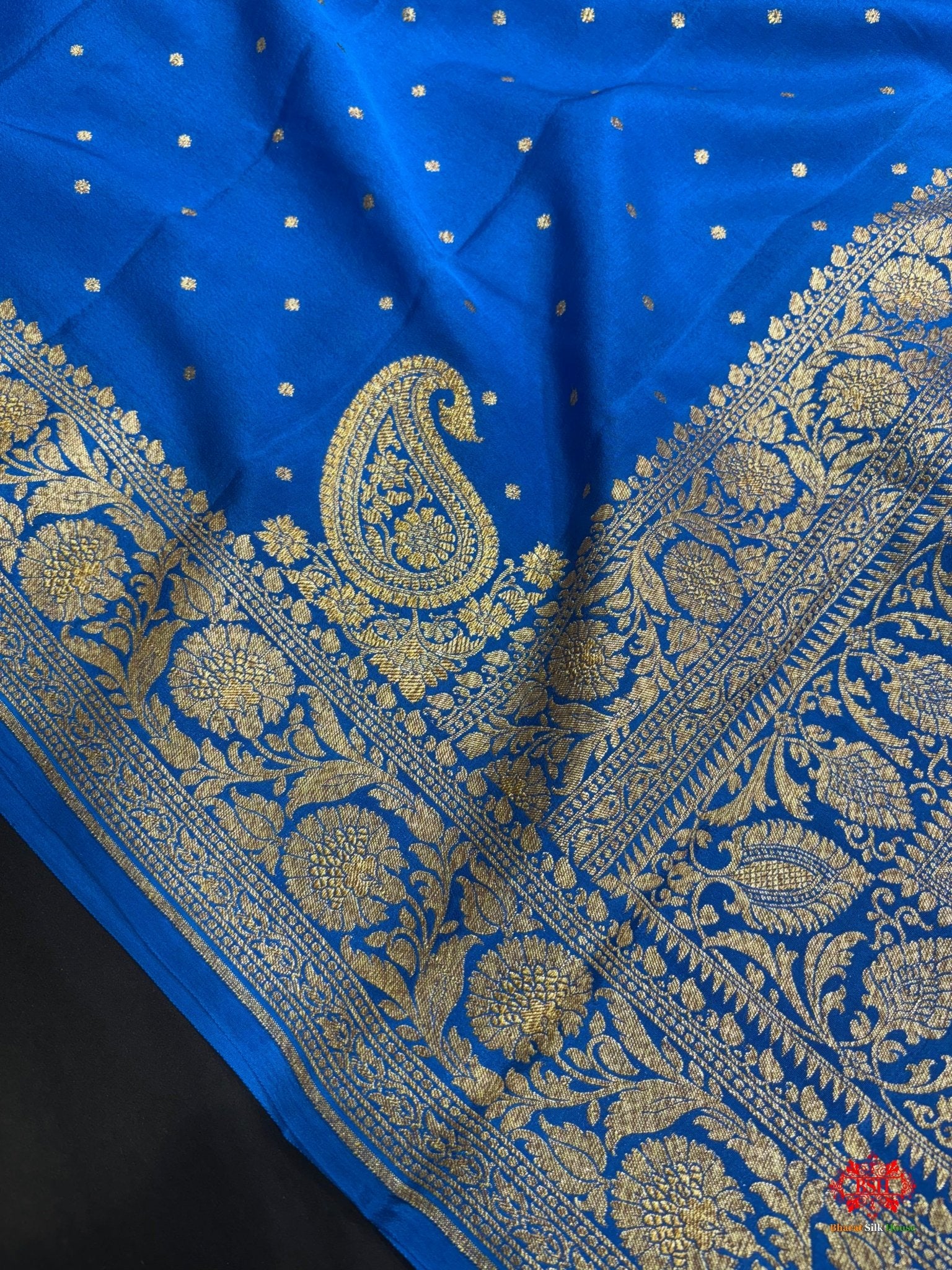 Pure Silk Crape Khaddi Georgette Saree With Antique Zari In Shades Of Royal Blue - Bharat Silk House Crepe Khaddi