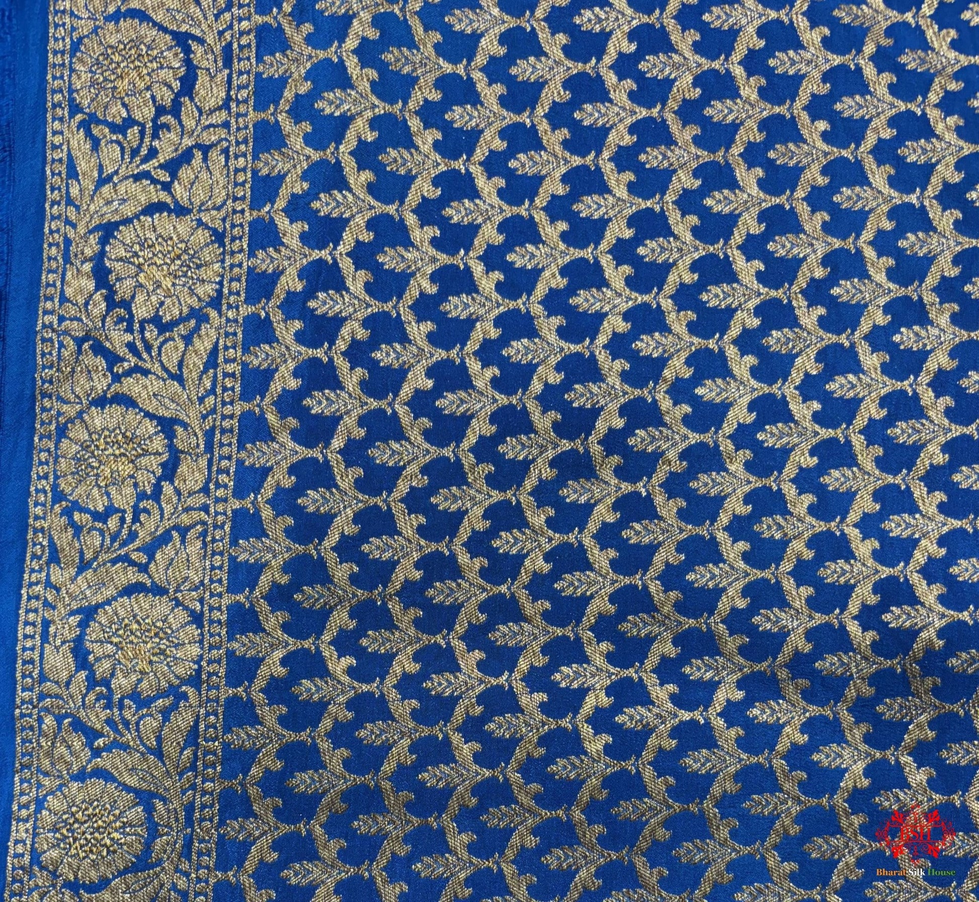 Pure Silk Crape Khaddi Georgette Saree With Antique Zari In Shades Of Royal Blue - Bharat Silk House Crepe Khaddi