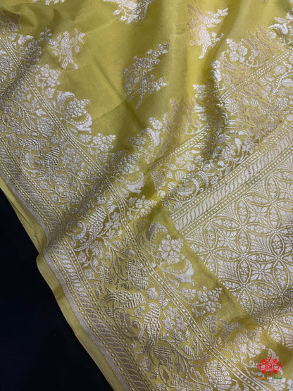 Pure Silk Crape Khaddi Georgette Saree With Antique Zari In Shades Of Yellow - Bharat Silk House Chiniya Saree