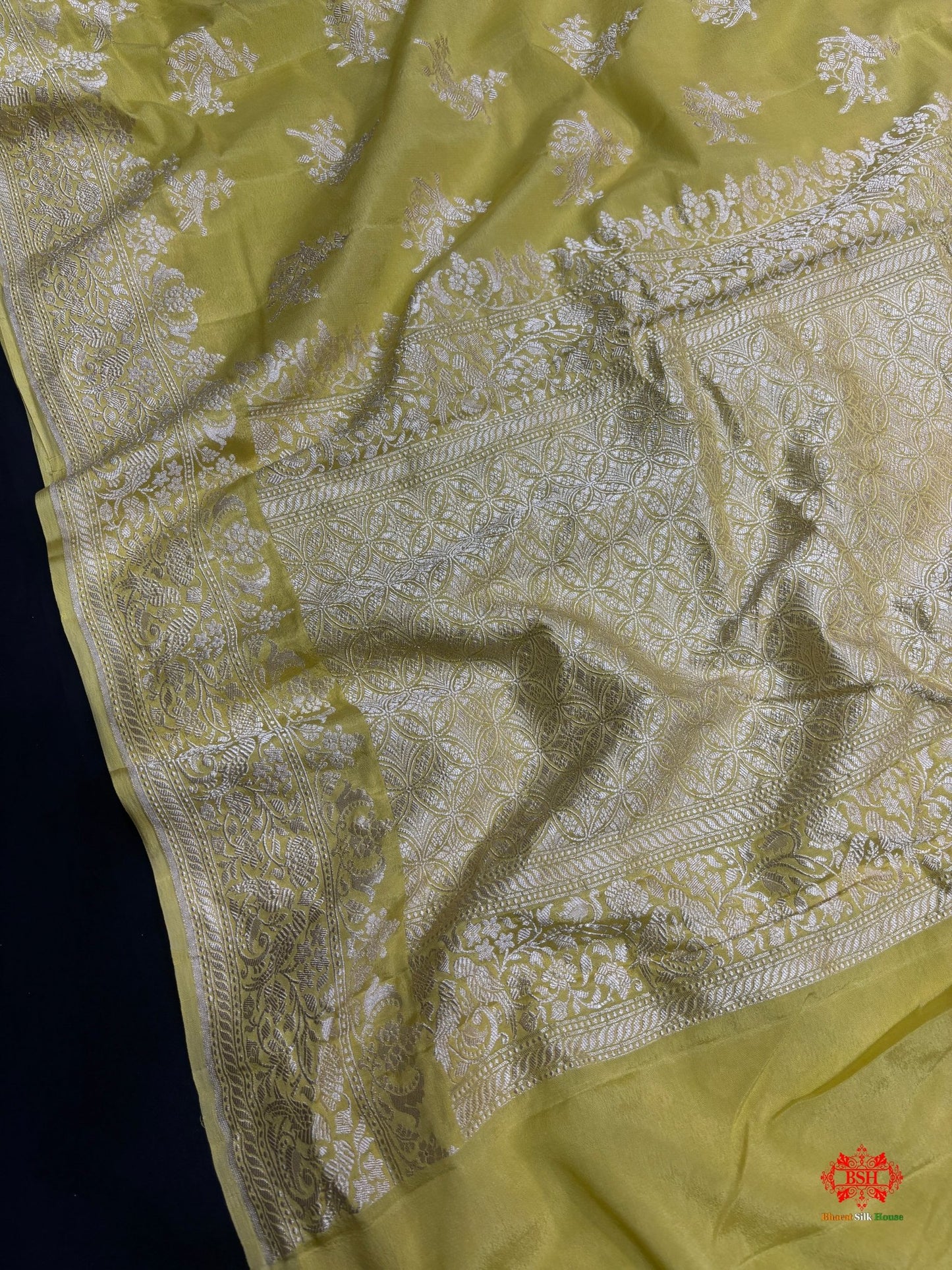 Pure Silk Crape Khaddi Georgette Saree With Antique Zari In Shades Of Yellow - Bharat Silk House Chiniya Saree