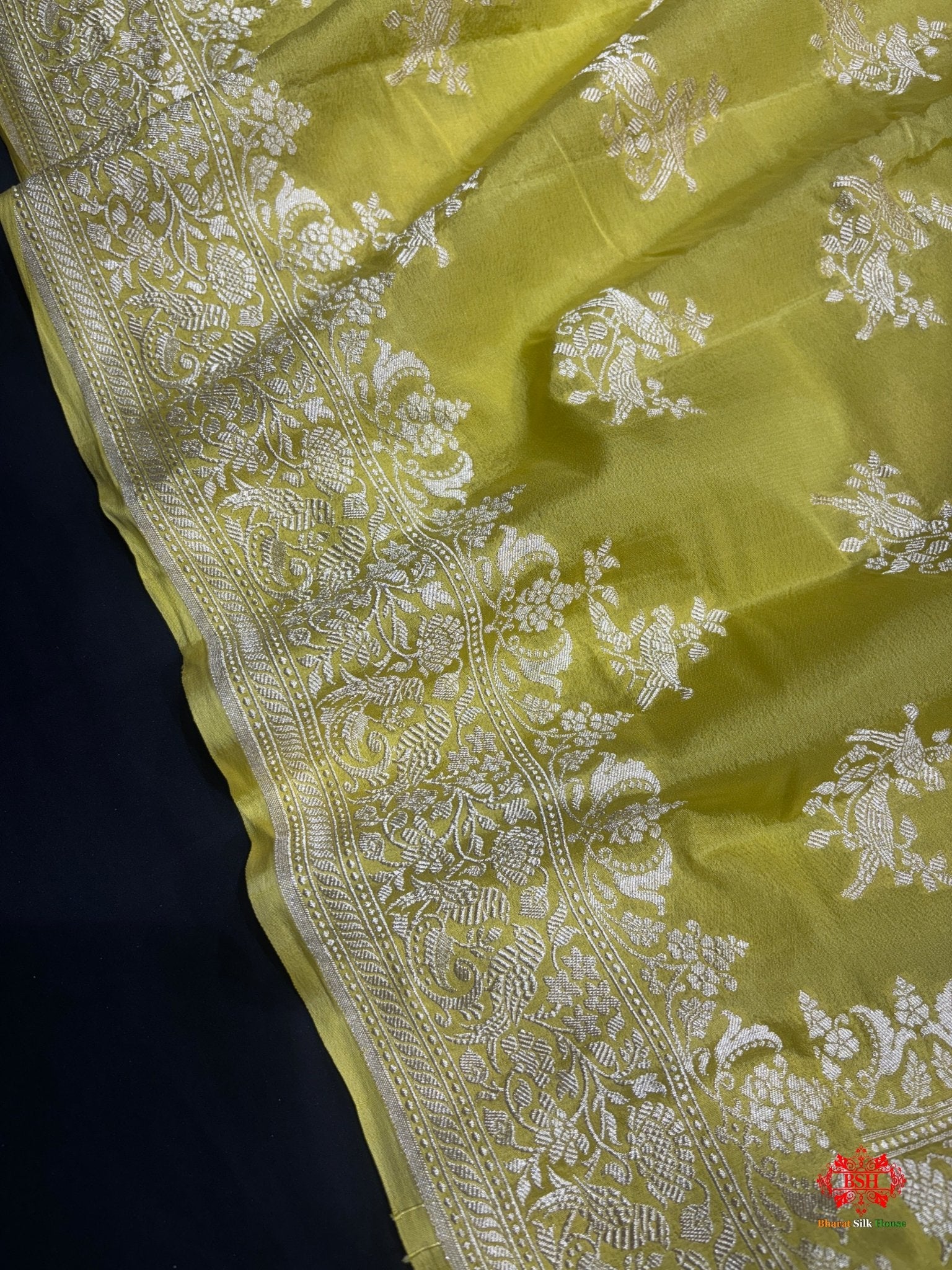 Pure Silk Crape Khaddi Georgette Saree With Antique Zari In Shades Of Yellow - Bharat Silk House Chiniya Saree