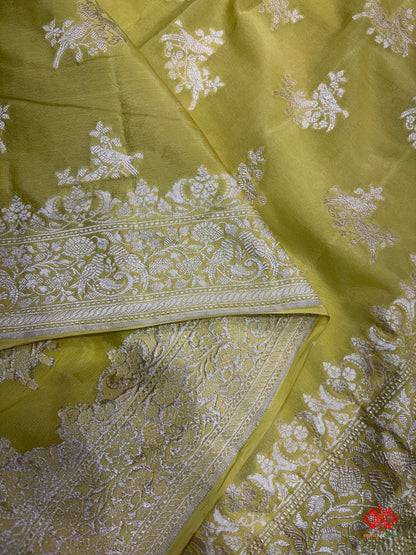 Pure Silk Crape Khaddi Georgette Saree With Antique Zari In Shades Of Yellow - Bharat Silk House Chiniya Saree