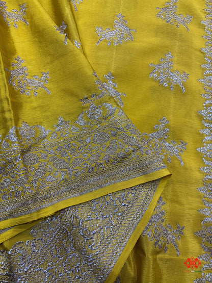 Pure Silk Crape Khaddi Georgette Saree With Antique Zari In Shades Of Yellow - Bharat Silk House Crepe Khaddi