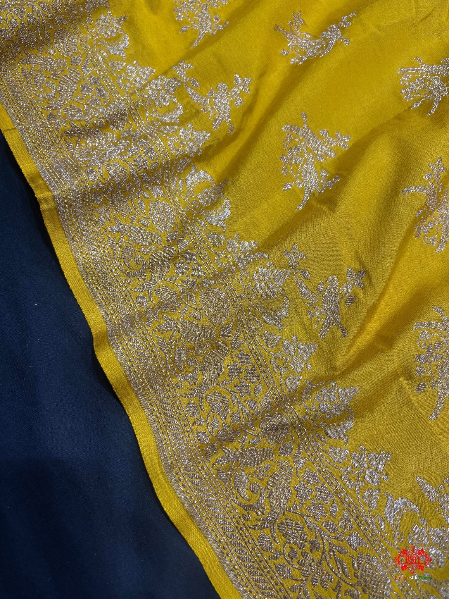 Pure Silk Crape Khaddi Georgette Saree With Antique Zari In Shades Of Yellow - Bharat Silk House Crepe Khaddi