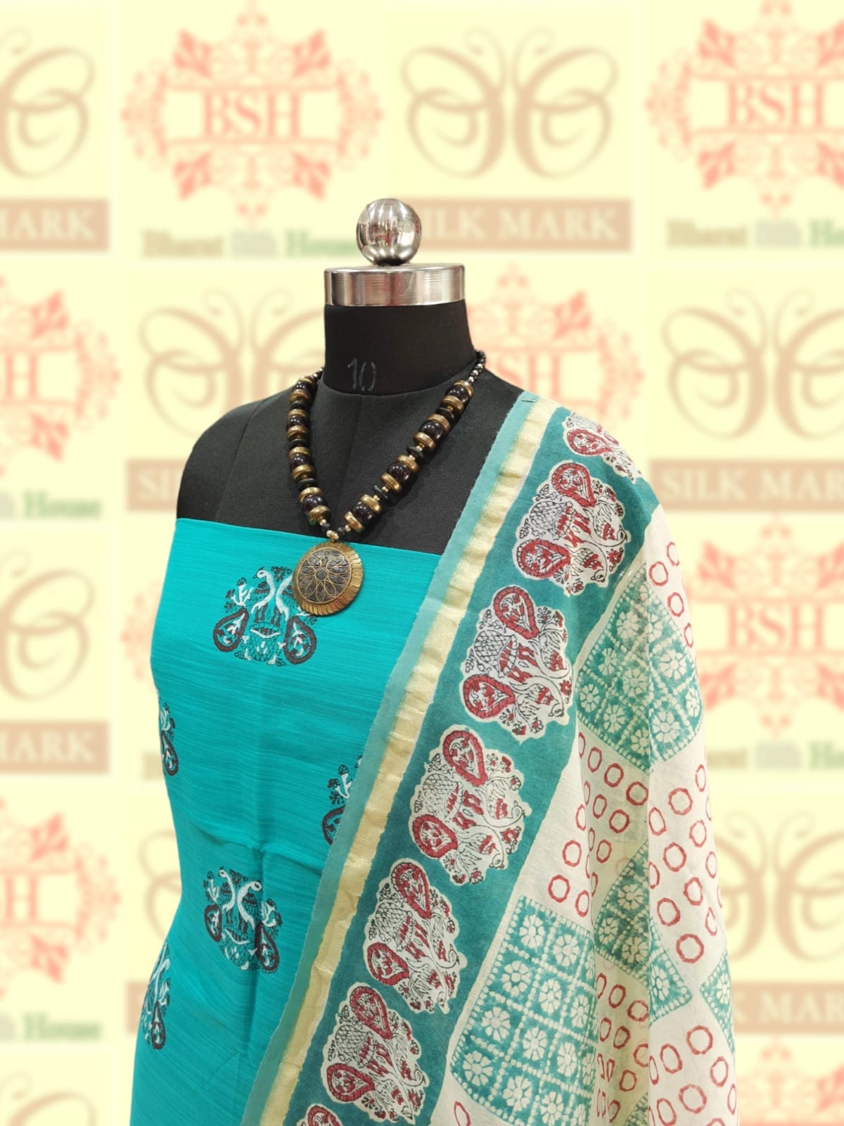 Rama Green Pure Cotton Block Print Unstitched Suitset - Bharat Silk House