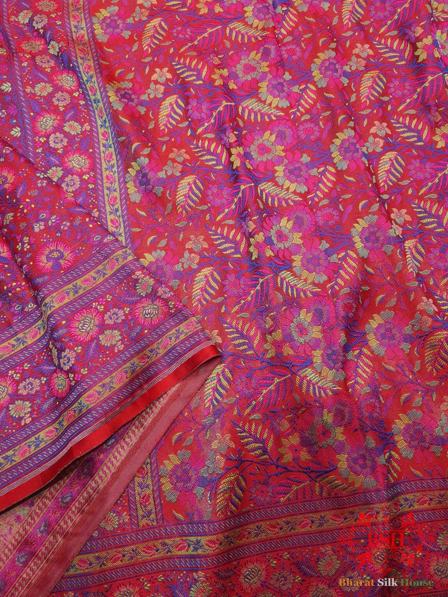 Rani Pink Chauthera (Four Color) Resham Zari Tanchoi Katan Silk Saree - Bharat Silk House