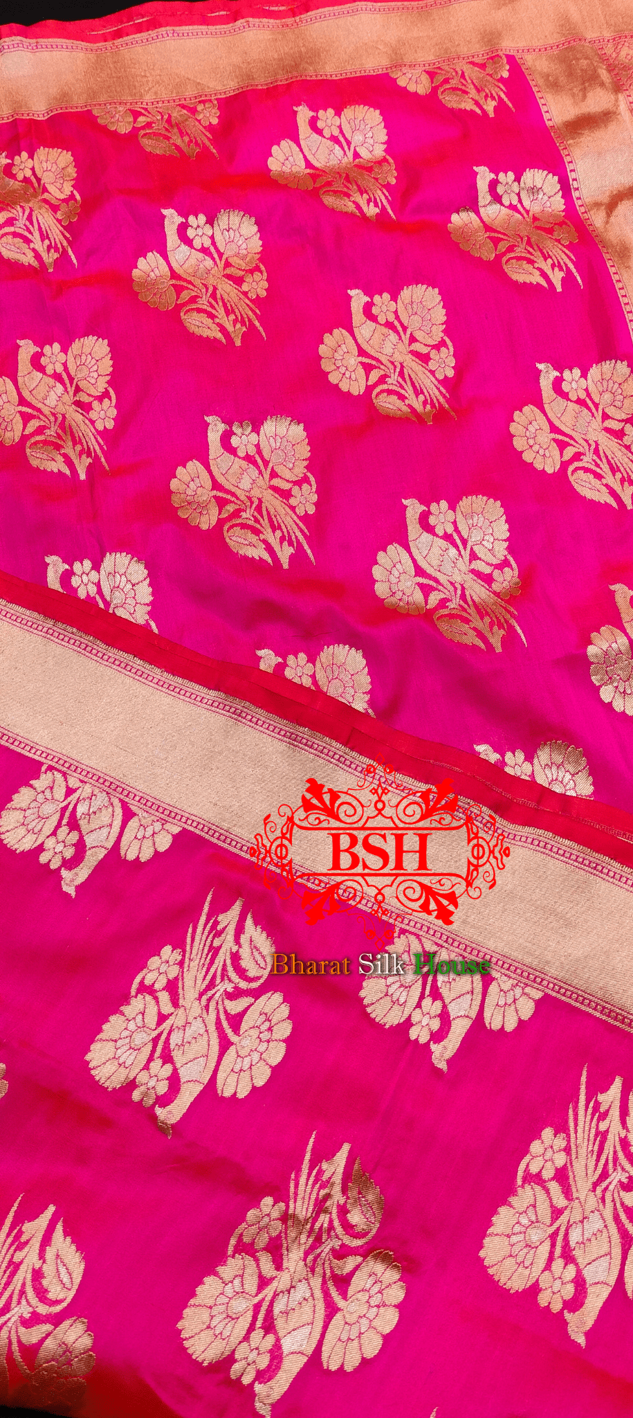 Rani Pink Peacock Floral Motif Banarasi Katan Silk Dupatta - Bharat Silk House Pure Silk Dupatta