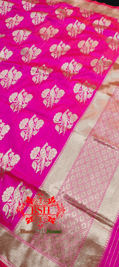 Rani Pink Peacock Floral Motif Banarasi Katan Silk Dupatta - Bharat Silk House Pure Silk Dupatta