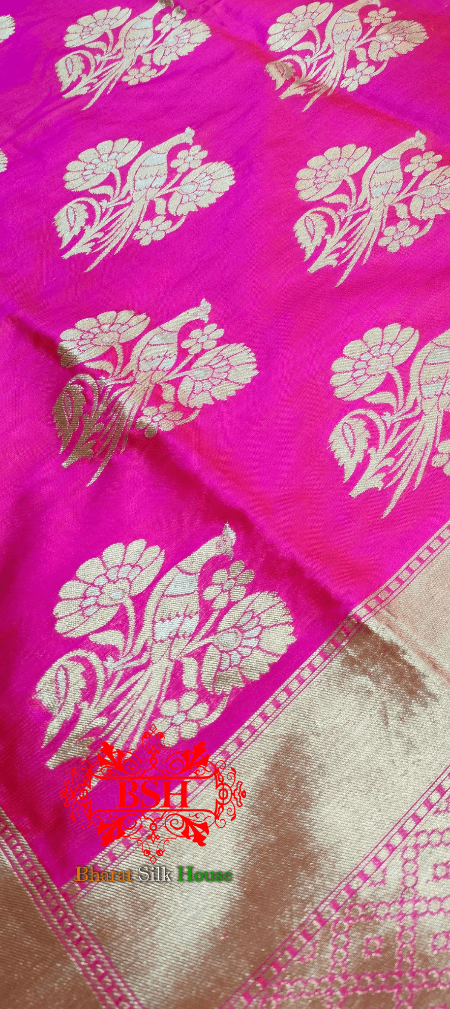 Rani Pink Peacock Floral Motif Banarasi Katan Silk Dupatta - Bharat Silk House Pure Silk Dupatta