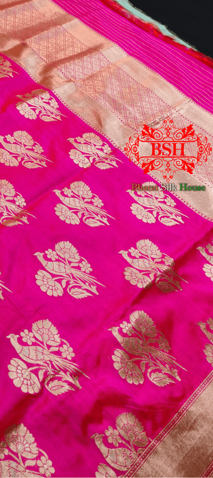 Rani Pink Peacock Floral Motif Banarasi Katan Silk Dupatta - Bharat Silk House Pure Silk Dupatta