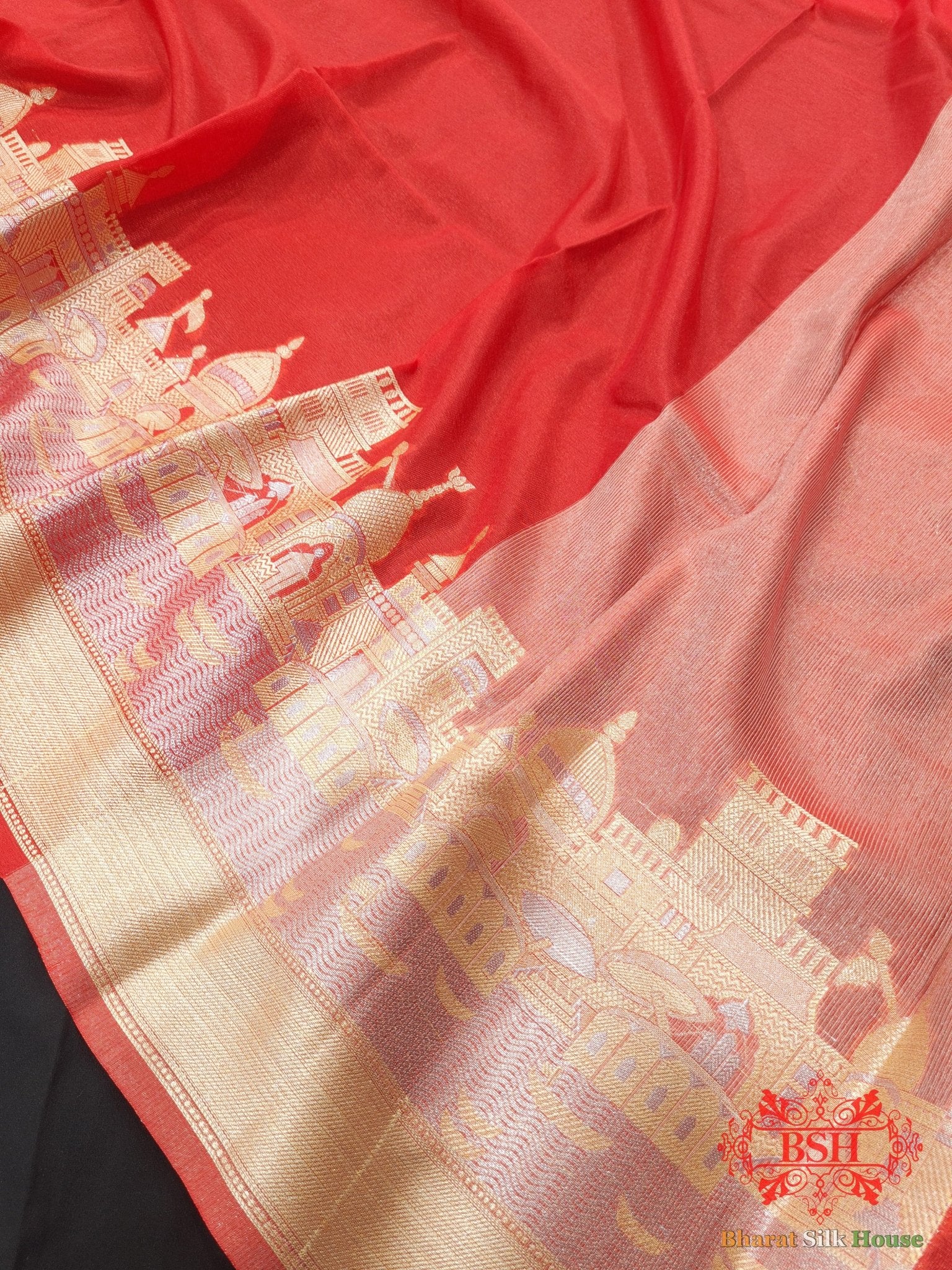 Red Banaras Ghats Weaved Silk Saree - Bharat Silk House Semi - Silk