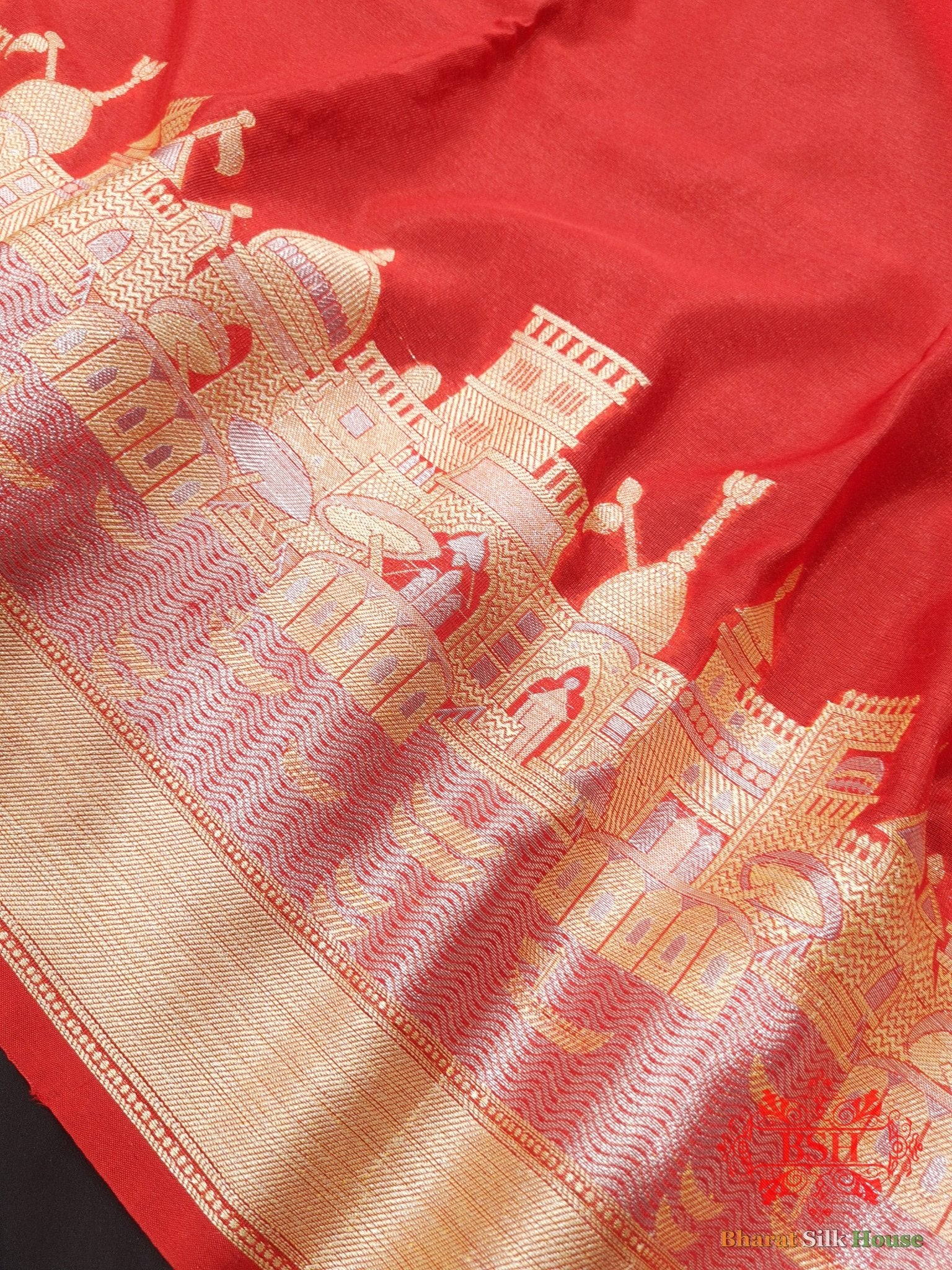 Red Banaras Ghats Weaved Silk Saree - Bharat Silk House Semi - Silk