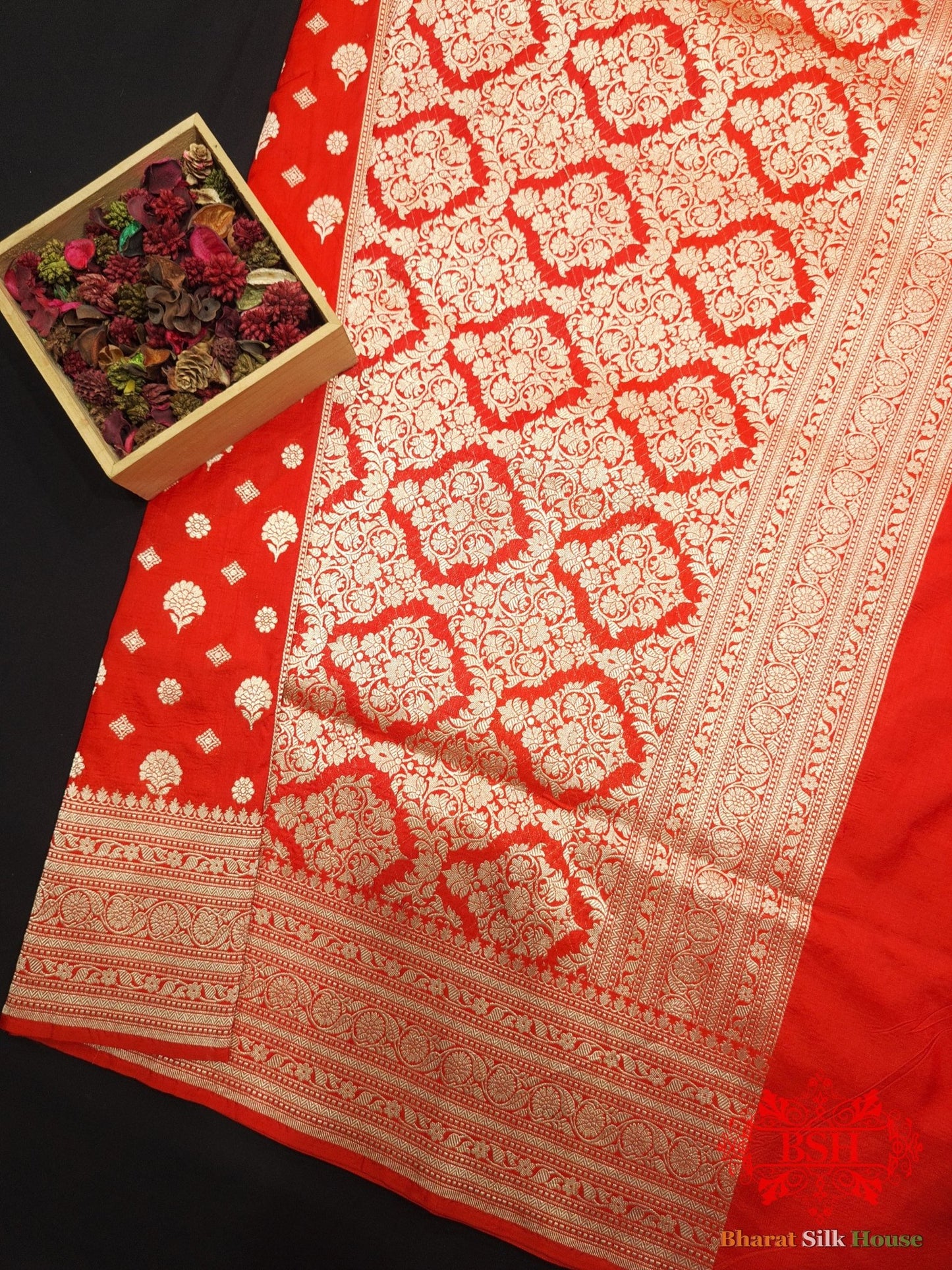 Red Colour Pure Katan Silk Handwoven Banarasi Saree - Bharat Silk House Pure Kataan Silk