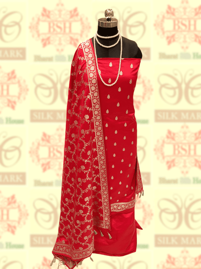 Red Colour Semi - Katan Hand - Woven Suit Piece - Bharat Silk House katan silk