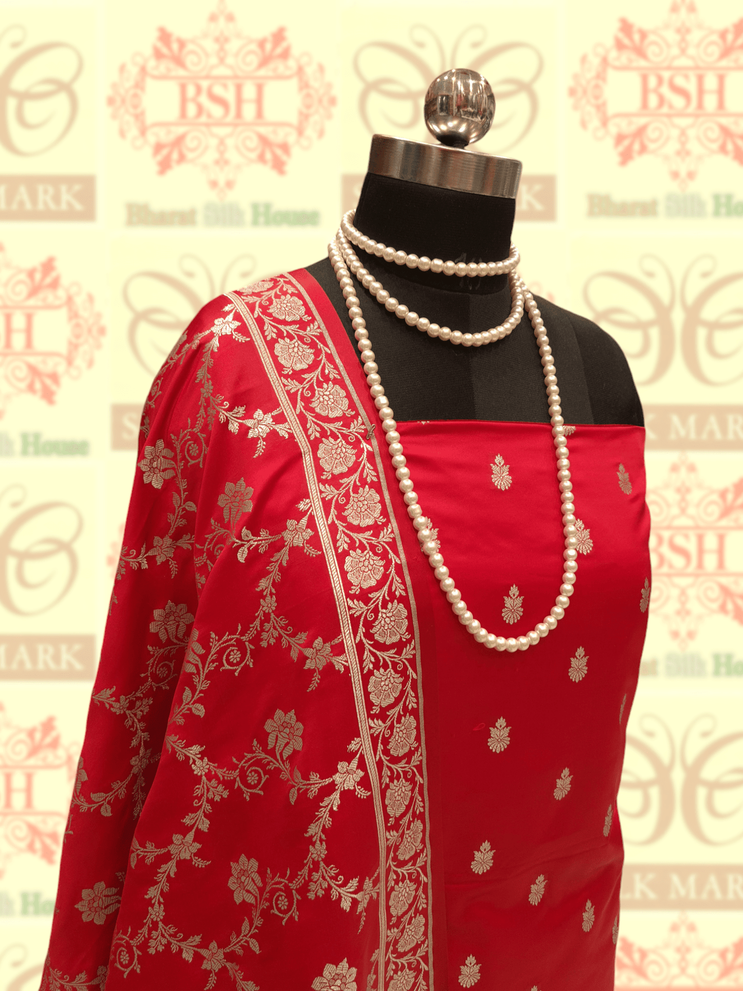 Red Colour Semi - Katan Hand - Woven Suit Piece - Bharat Silk House katan silk