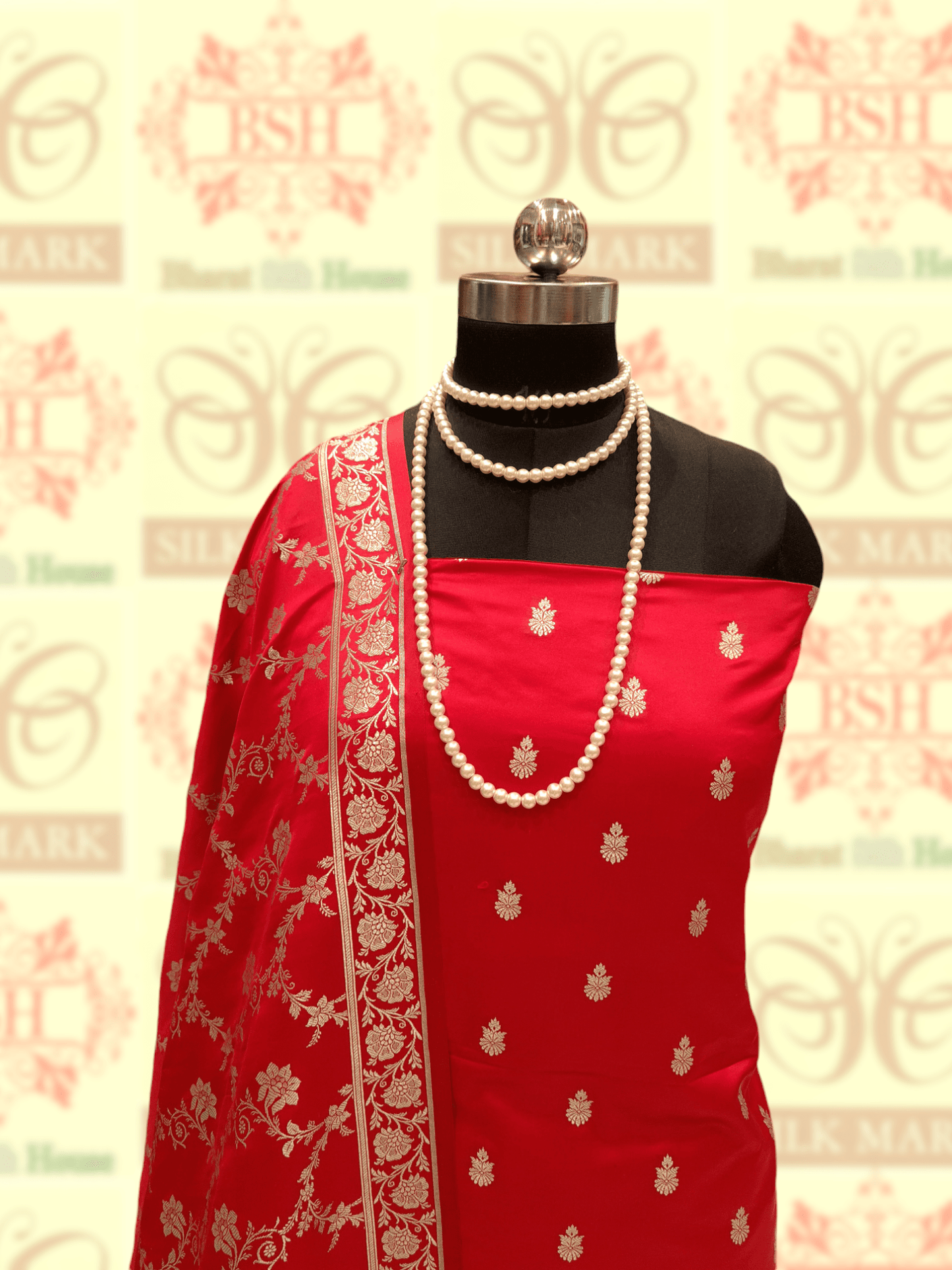 Red Colour Semi - Katan Hand - Woven Suit Piece - Bharat Silk House katan silk