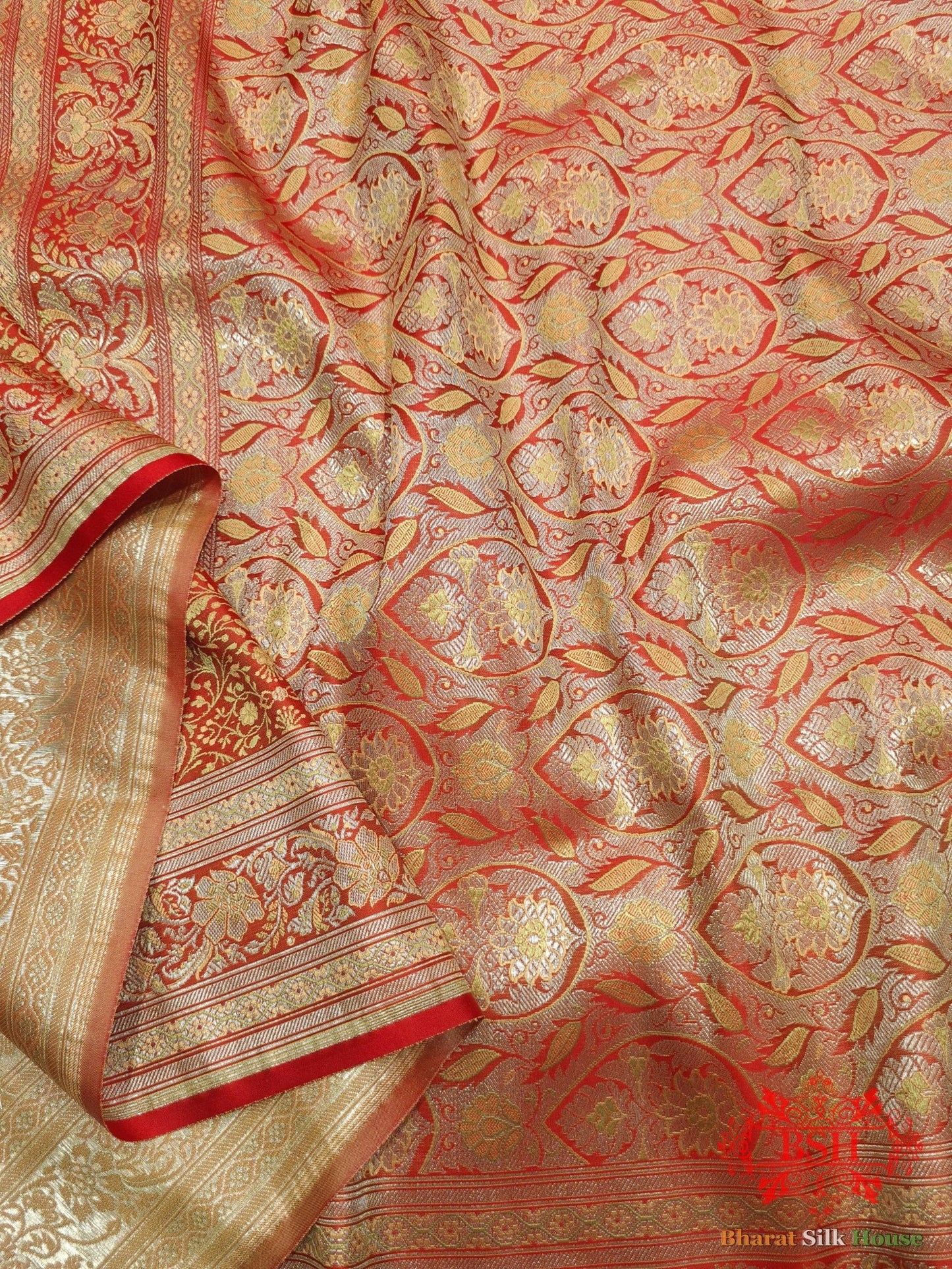 Red Dohri Resham Zari Booti Tanchoi Silk Saree - Bharat Silk House Tanchoi katan