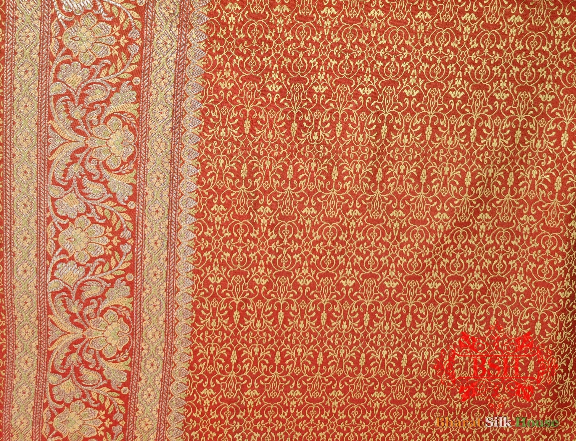 Red Dohri Resham Zari Booti Tanchoi Silk Saree - Bharat Silk House Tanchoi katan