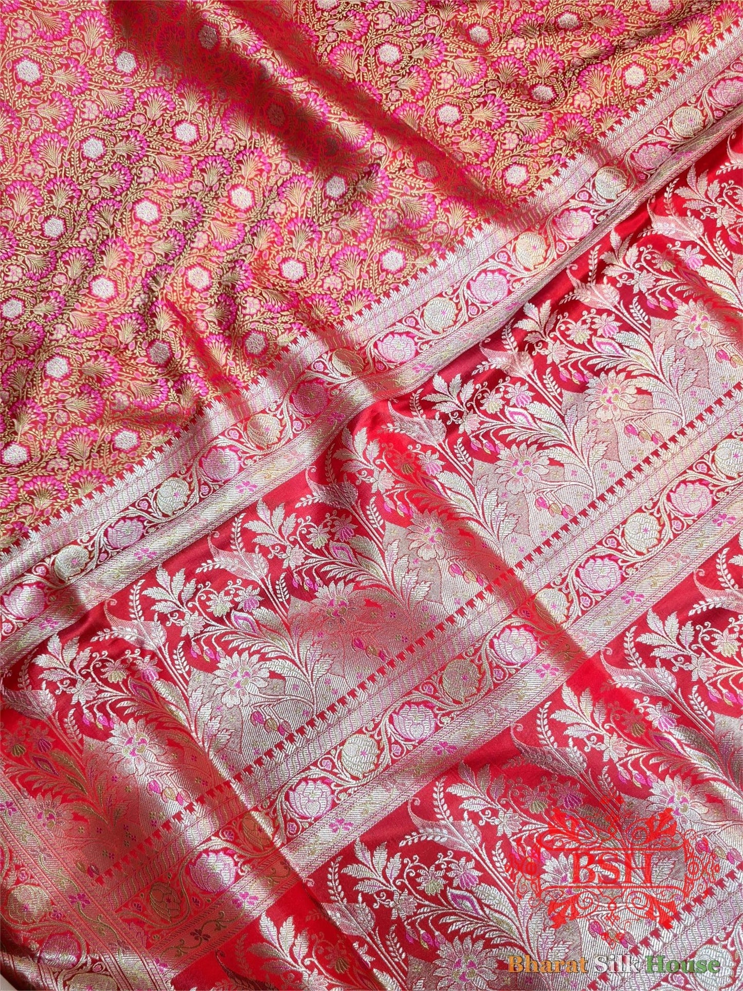 Red Dohri Resham Zari Booti Tanchoi Silk Saree - Bharat Silk House Tanchoi katan