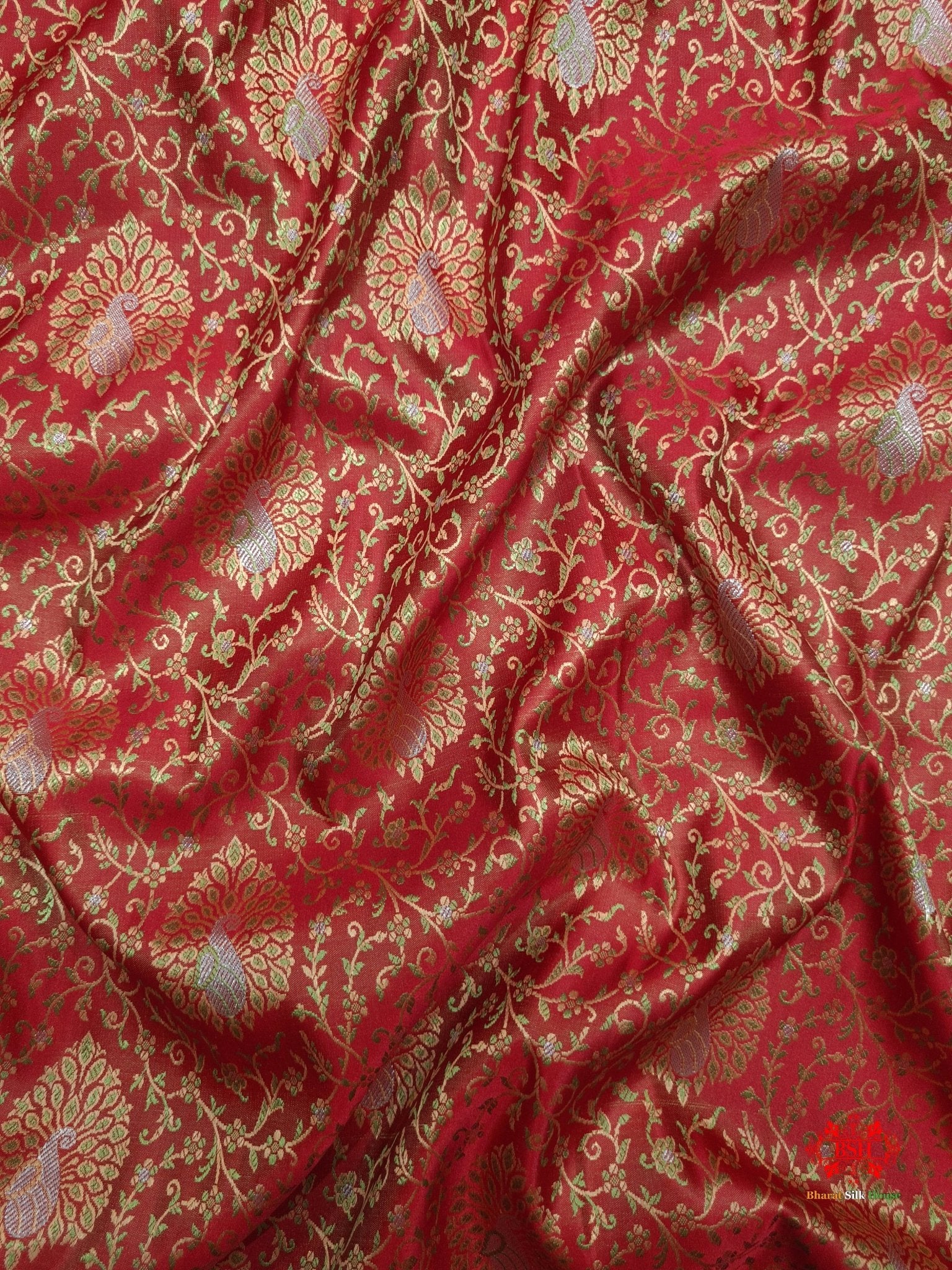 Red Dohri Resham Zari Booti Tanchoi Silk Saree - Bharat Silk House Tanchoi katan