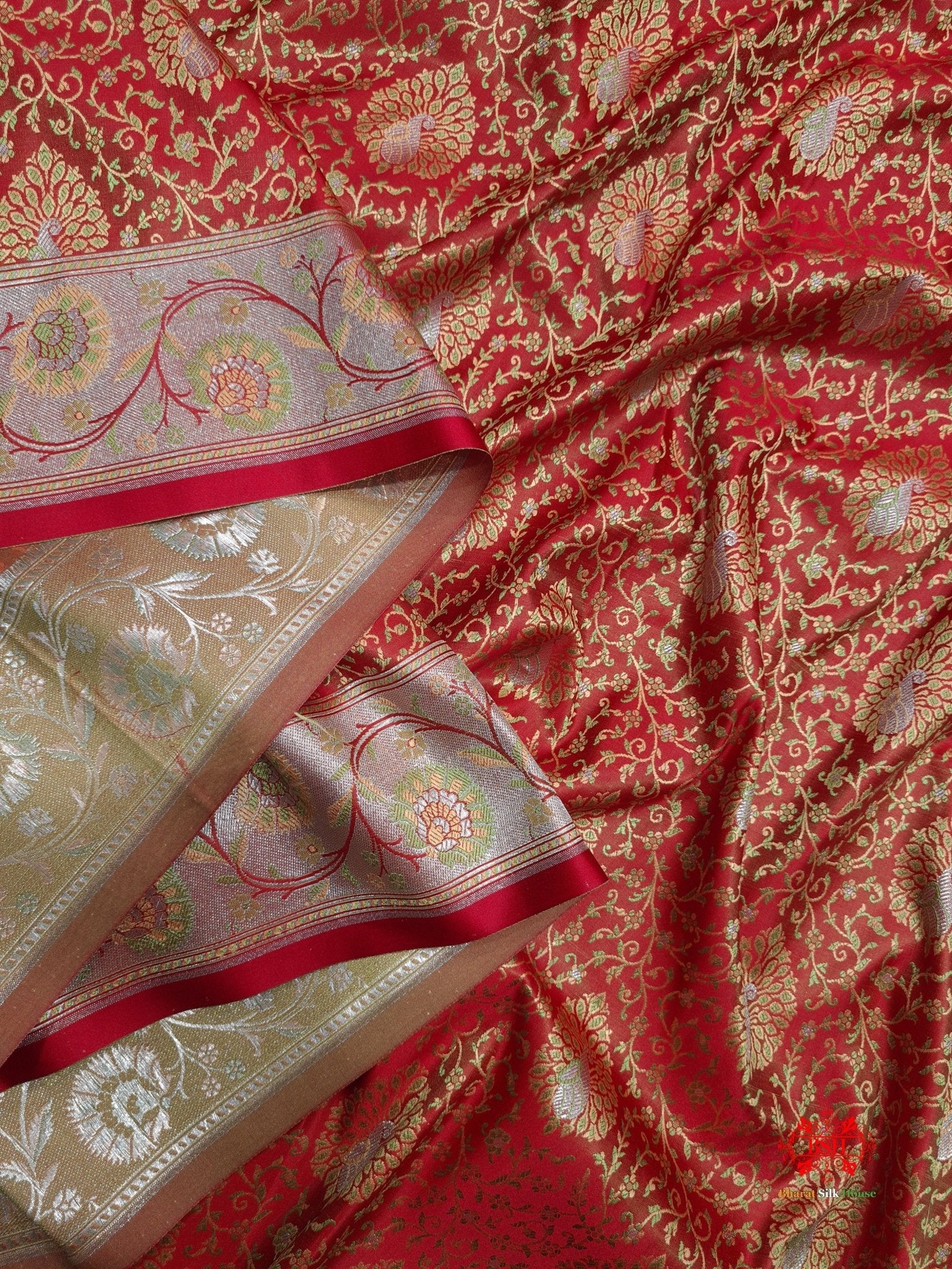 Red Dohri Resham Zari Booti Tanchoi Silk Saree - Bharat Silk House Tanchoi katan