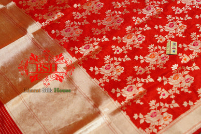 Red Floral Jaal Woven Banarasi kataan Silk Dupatta - Bharat Silk House Pure Silk Dupatta