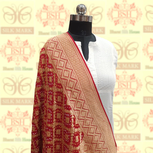 Red Georgette Banarasi Handloom Bandhani Dupatta - Bharat Silk House Bandhej